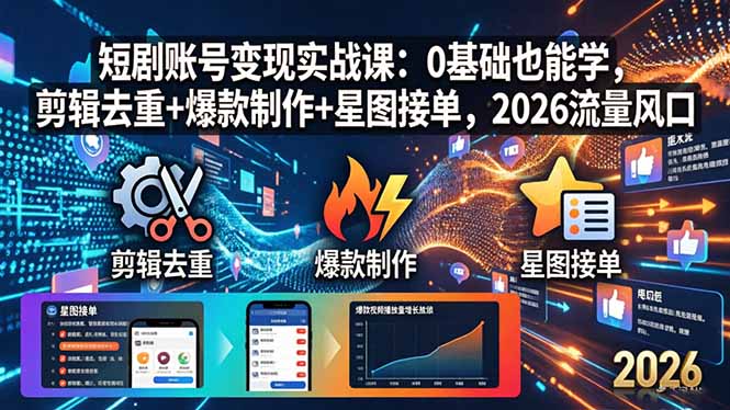 短剧账号变现实战课：0基础也能学，剪辑去重+爆款制作+星图接单，2026流量风口